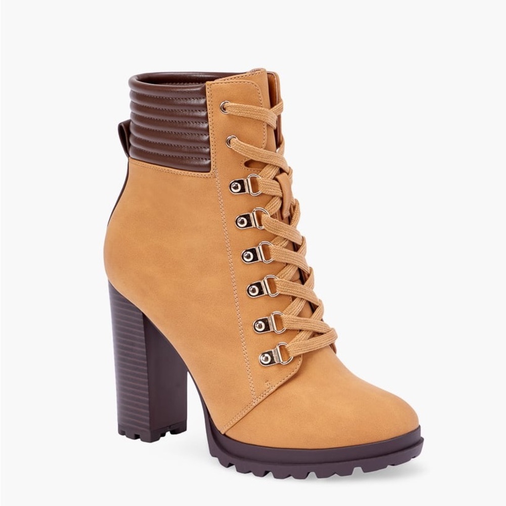 JUST FAB Shandee Tan Ankle Lace Up Block Heel Boots Chelsea Shoes Size 7 Wide - Picture 2 of 11